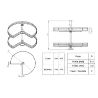 Tourniquet 3/4 rond – Décor : Gris / Fil chromé – Diamètre : 820 mm – Hauteur intérieur de caisson maxi : 700 mm – Pour