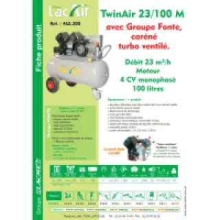 Compresseur à courroie turbo ventilation 4CV Monophasé 23m3/h 100L TwinAir 23/100 M Lacme