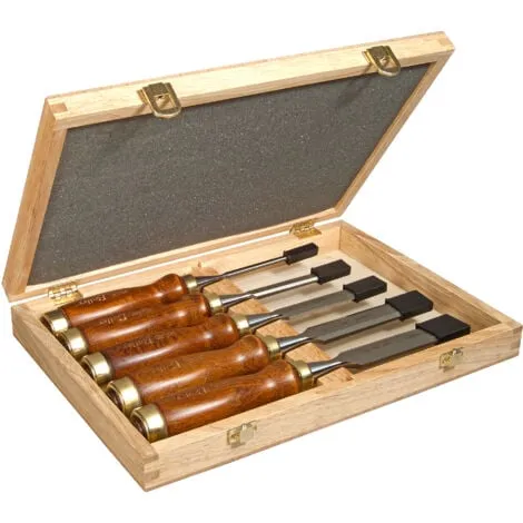 Coffret de 5 Ciseaux à Bois – Manche en bois Vernis – Lame en Acier Chromé – STANLEY; 2-16-217