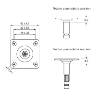 Fixations pour roulettes ø75 – Pour roulette : Sans frein – Pour roulette de diamètre : 50 / 65 / 75 mm – GUY RAYMOND