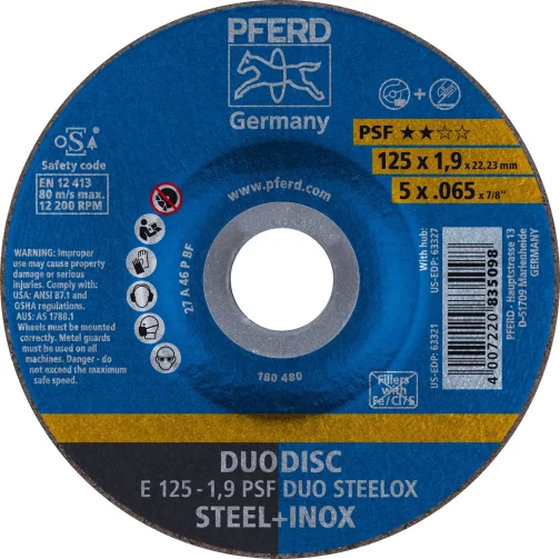 DISQUE A TRONCONNER PSF DUODISC STEELOX E 125-1,9 - PFERD RUGGEBERG FRANCE - 62012630 (vendu par 10)