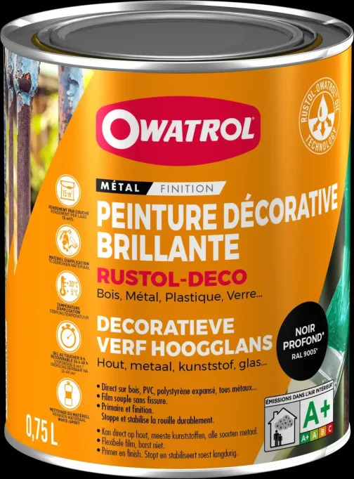 RUSTOL DECO NOIR PROFOND BRILLANT RAL 9005 (0.75L) - OWATROL PRODUIT DE TRAITEMENT ET MAINTENANCE - OWATROL - 1366AA/NL